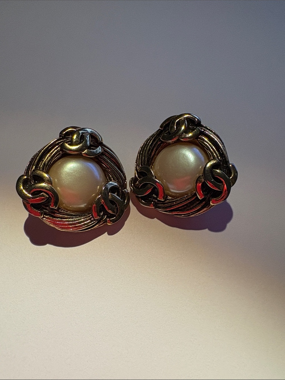 CHANEL Gold-Tone Faux Pearl Button Earrings